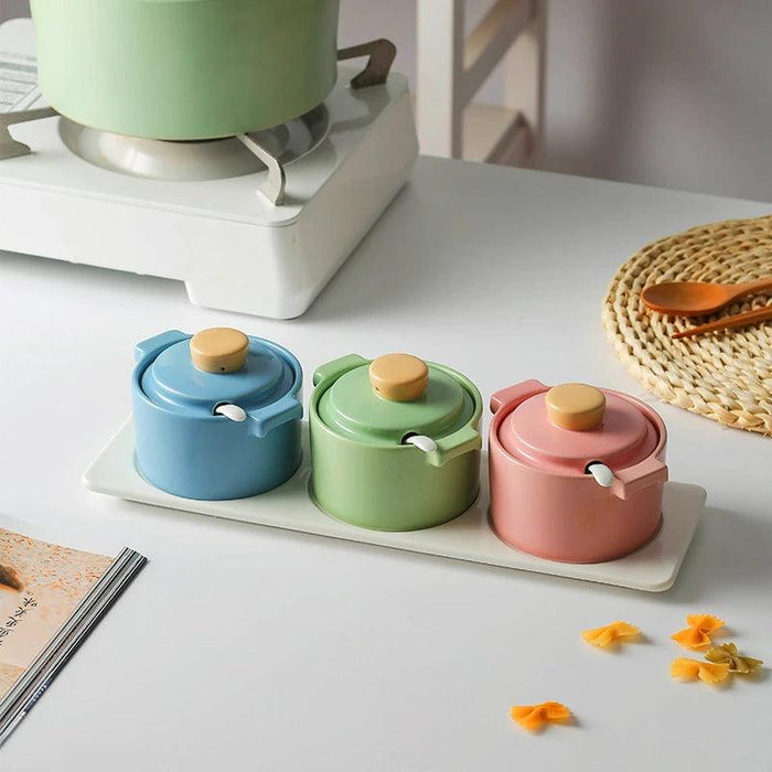 Elegant Ceramic Spice Storage Set - Stew Cup, Oil Dispenser, and Sauce Container