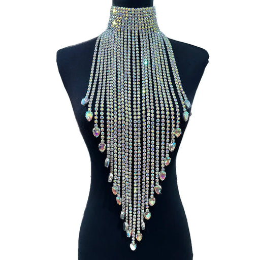Rhinestone and Glass Gemstone Tassel Necklace - Crystal AB Silver Choker