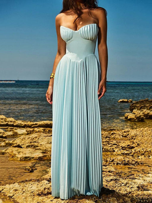 Glamorous Off-Shoulder High Waist Pleated Maxi Dress - Backless Bodycon Long Gown for Women