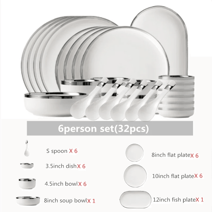 Sophisticated White Porcelain Dinnerware Collection with Silver Detailing for Elegant Home and Hotel Dining