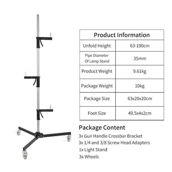 Gun Handle Studio Light Stand with Wheels and Folding Tripod - LED Softbox COB Light Support