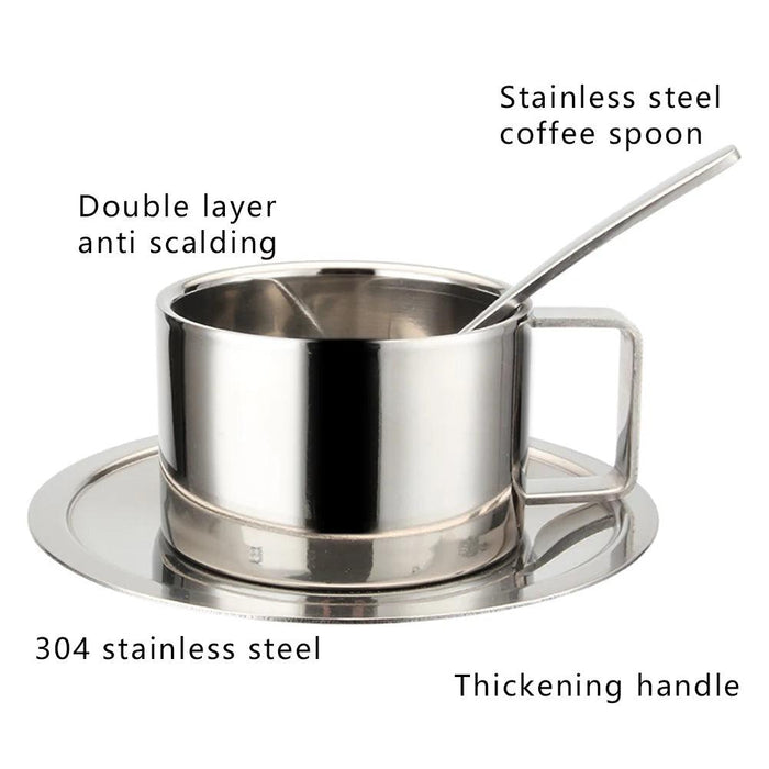 Elegant Double-Walled Stainless Steel Coffee Cup Set with Saucer and Spoon - Perfect Gift for Coffee Lovers