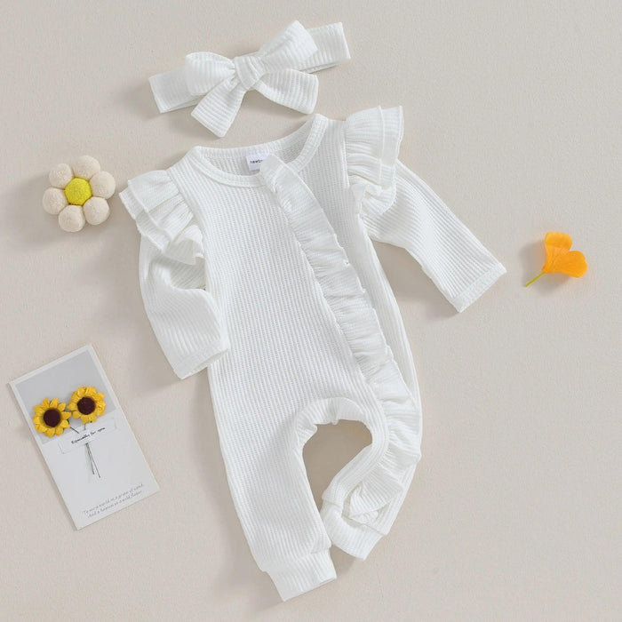 Autumn Ruffled Baby Girl Jumpsuit with Matching Bow Headband - Cozy Solid Color Romper for Newborns 0-12 Months