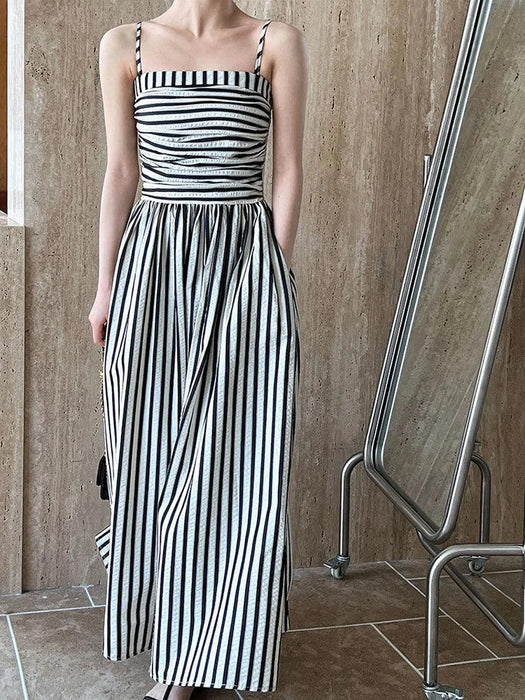 Elegant Black Striped Pleated Sleeveless Long Strap Dress for Women - Spring/Summer 2024 Fashion