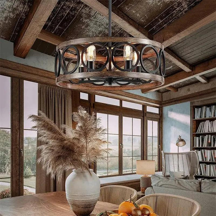 Rustic Farmhouse Circular Chandelier with Wood Grain Finish for Elegant Home and Restaurant Lighting