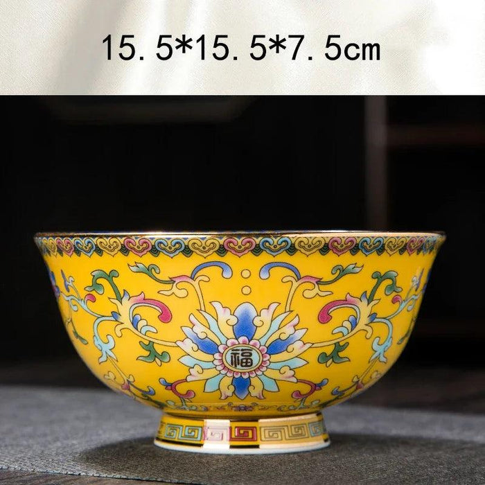 Ornate Chinese Ceramic Salad Bowl Set with Gold Trim - Elegant Enamel Tableware for Stylish Dining