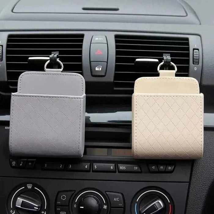 Sleek Black PU Leather Car Air Vent Organizer for Phone and Glasses