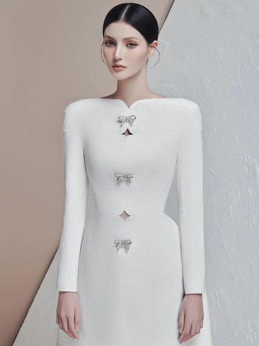 Glamorous White Dress with Rhinestone Accents, Bow Detail, and Slash Neck for Women - Summer 2024 Collection