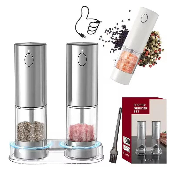 Automatic Rechargeable Salt and Pepper Grinder Duo with Adjustable Coarseness and Built-in LED Light