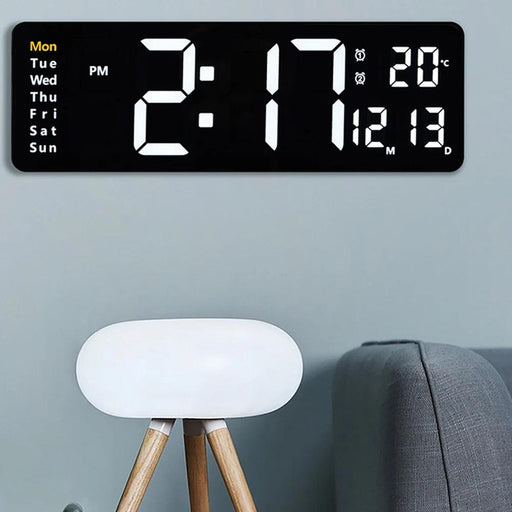 Large LED Digital Wall Clock with Calendar, Dual Alarms, and Temperature Display for Bedroom and Living Room