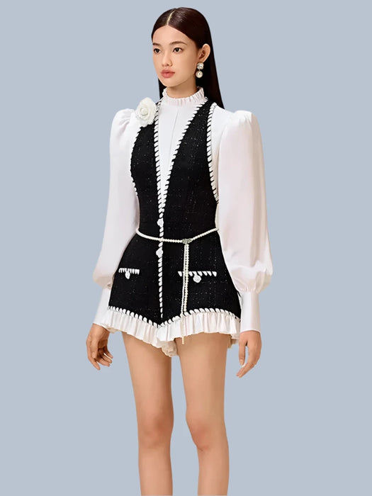 Chic High-Waisted Lantern Sleeve Playsuit with Zip & Lace Detail for Women