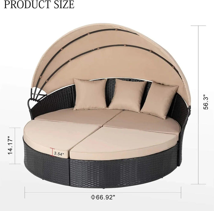 Versatile Black Wicker Round Daybed with Adjustable Canopy - Chic Outdoor Lounge Solution