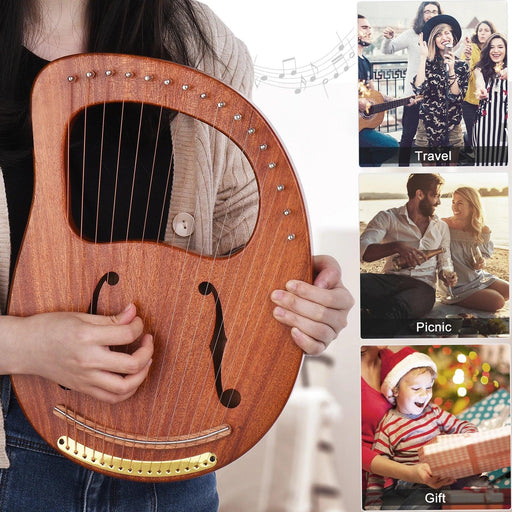 16-String Solid Wood Lyre Harp with Metal Strings, Carry Bag, Tuning Wrench, and Cleaning Cloth