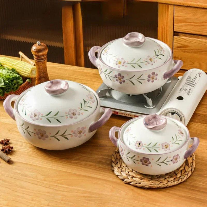 Elegant Japanese Taro Clay Casserole with Purple Floral Design for Gas Cooking: Experience Authentic High-Heat Culinary Traditions