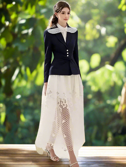 Sleeveless Blazer with Lace Long Skirt and Elegant Hollow Out Details