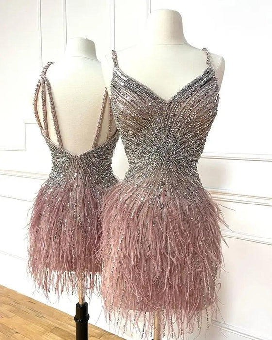 Elegant Custom Fit Backless Feathered Mini Dress for Cocktail Occasions