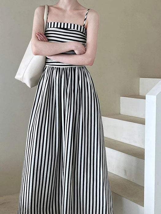 Elegant Black Striped Pleated Sleeveless Long Strap Dress for Women - Spring/Summer 2024 Fashion