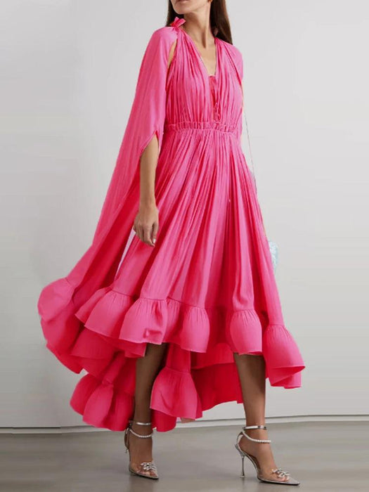 Stylish High Waist Patchwork A-Line Dress for Women - Chic V-Neck, Sleeveless, and Unique Irregular Hem