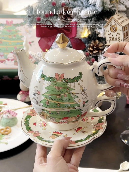 Hand-Drawn Retro Christmas Tea Set with Elegant Gift Box