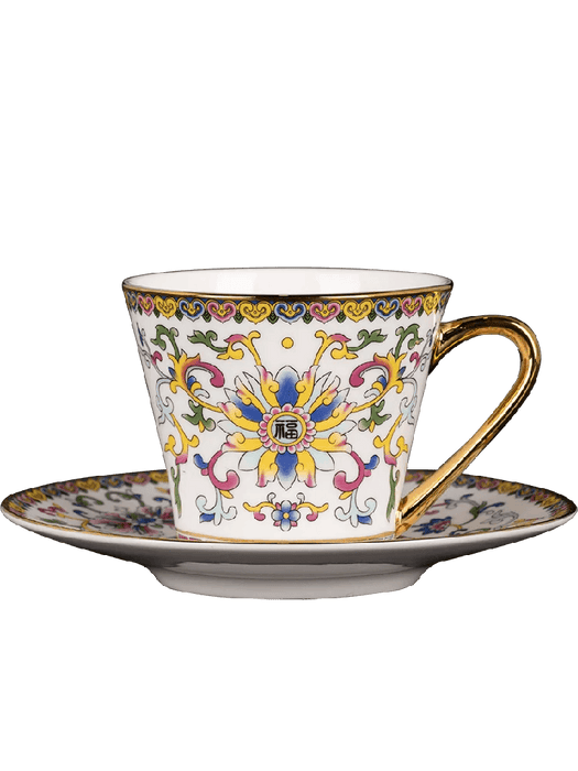 Imperial Elegance Enamel Porcelain Tea and Coffee Cup Set with Ornate Borders