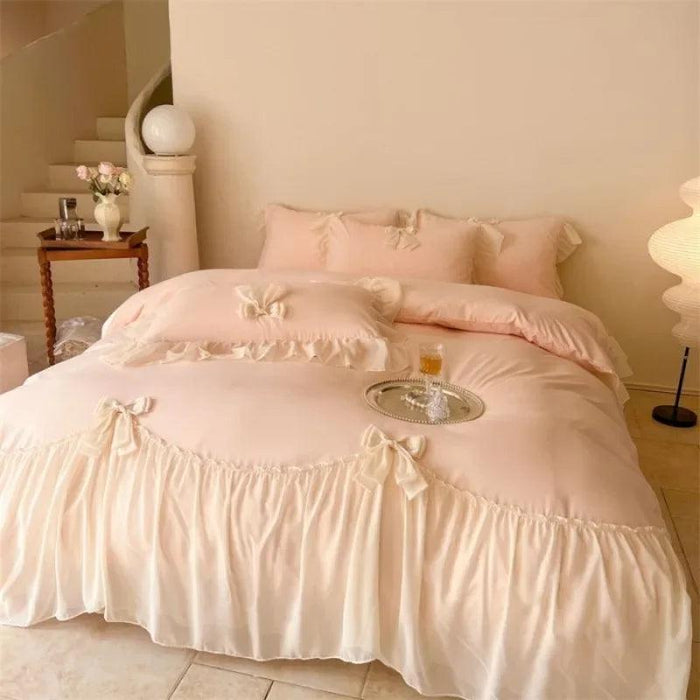 Elegant French Lace Ruffled Duvet Cover Set - Luxurious Bedding Ensemble with Bow Accents, Soft Sheets and Pillowcases