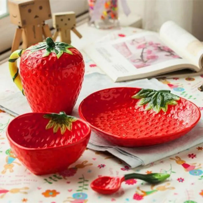Strawberry Delight Ceramic Dining Set for Kids' Food Fiesta