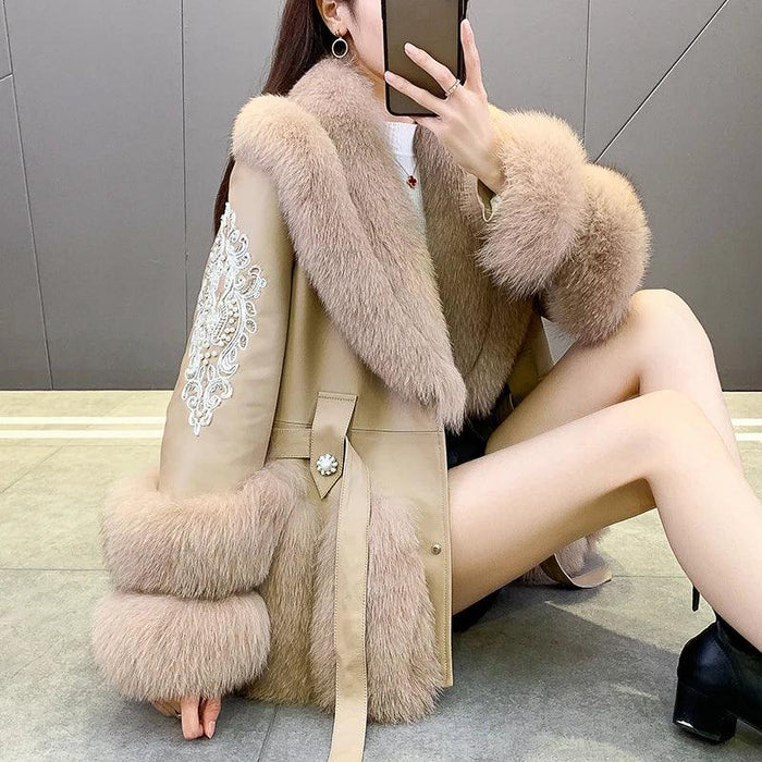 Luxurious V-neck Fox Fur and Sheepskin Winter Coat