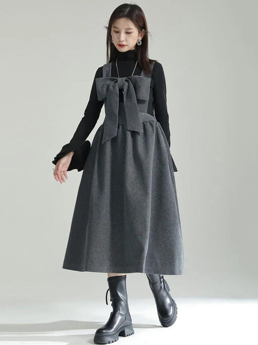 Sleeveless Gray Woolen Dress for Women with Bow Detail