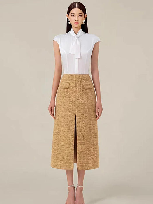 Elegant 2-Piece High-Waisted Tweed Ensemble with Stylish Split Maxi Skirt for Women