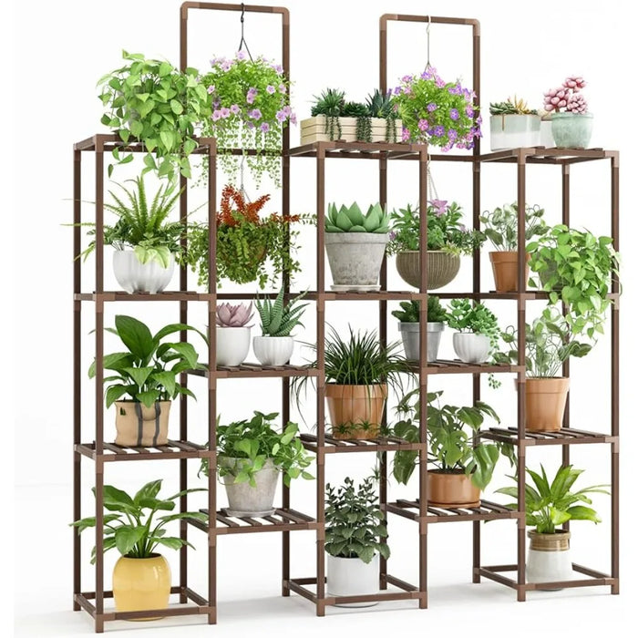 Wooden Plant Display Shelf with 6 Tiers and 13 Potted Holders - Indoor/Outdoor Tall Stand for Multiple Plants