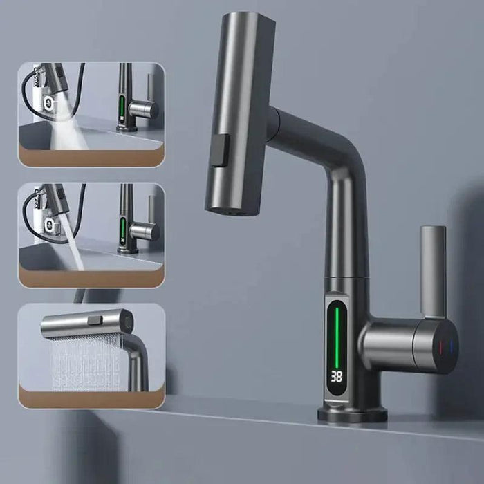 LED Waterfall Faucet with Temperature Display and Rotating Pull-Out Sprayer