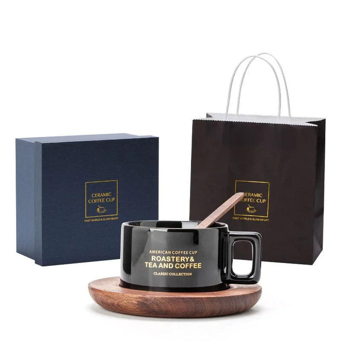 Elegant American Heritage Ceramic Coffee Cup Set with Walnut Cup Holder and Gift Box