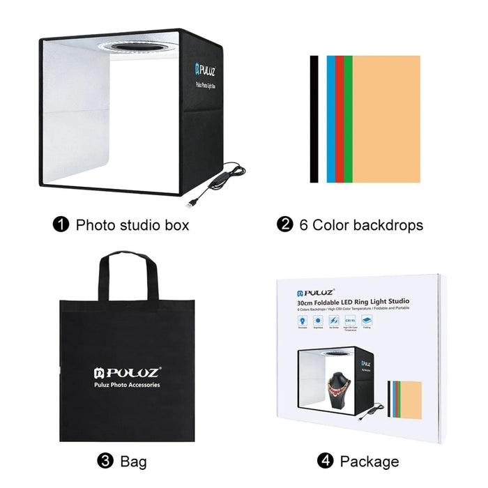 30CM PULUZ Adjustable LED Light Box Photography Kit with Six Color Backdrops - Portable Softbox for Product and Portrait Shots