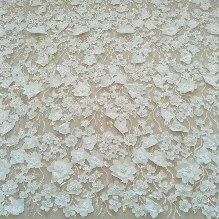 Extravagant Ivory 3D Beaded Lace Fabric - 130cm Width, Available by the Yard