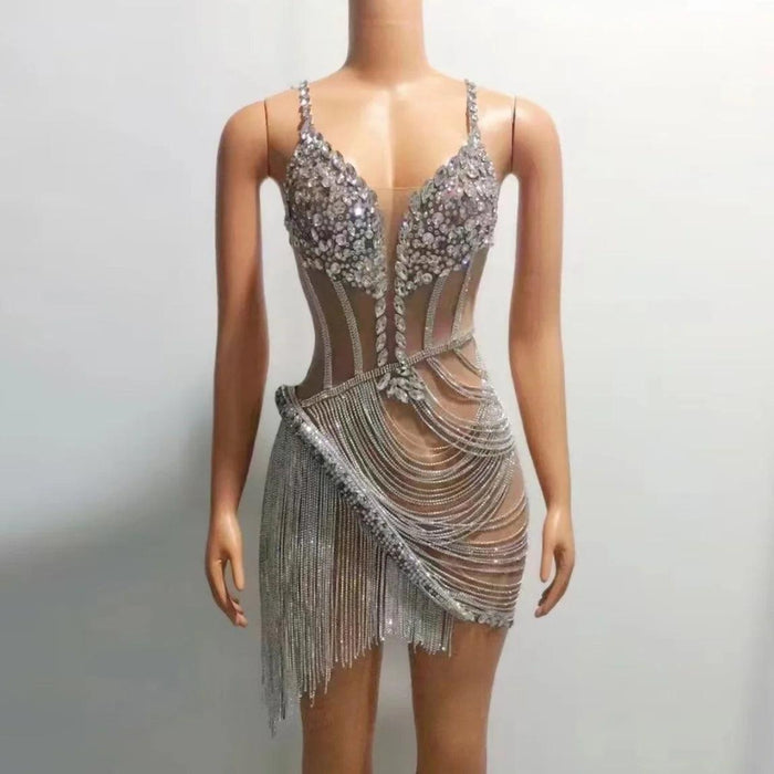 Glistening Sheer Mini Dress with Dazzling Rhinestone Fringes