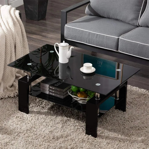 Modern Black Glass Coffee Table with Metal Legs and Storage Shelf