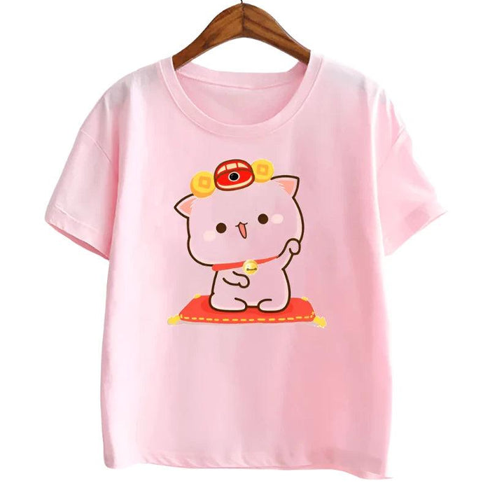 Peach & Goma Mochi Cat with Giraffe Print Kids Tee - Cute Harajuku Style Shirt for Boys & Girls