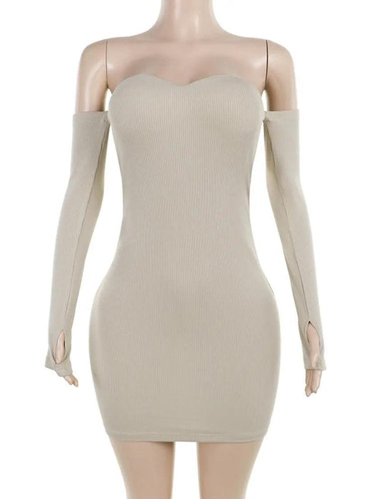 Sleek Off-Shoulder Ribbed Bodycon Mini Dress for Women with Long Sleeves and Elevated Waistline