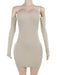 Sleek Off-Shoulder Ribbed Bodycon Mini Dress for Women with Long Sleeves and Elevated Waistline