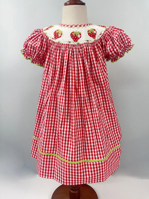 Adorable Handmade Strawberry Embroidered Summer Dress Set for Girls - Trendy Red Plaid Bubble Sleeve Outfit with Chic Split Design