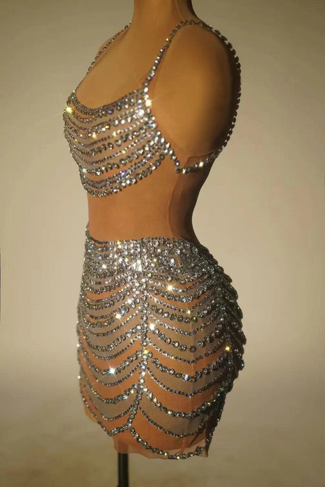 Radiant Crystal-Embellished Mini Dress - Glamorous Evening and Prom Style for Women