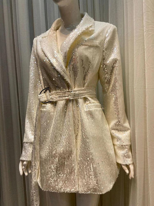 Glamorous Sequined Belted Blazer for Women - Sophisticated Lapel Long Sleeve Coat