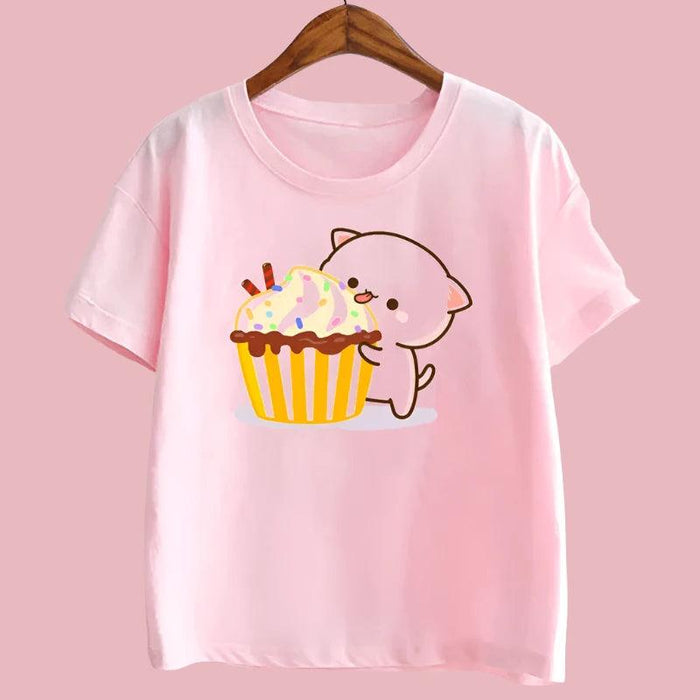 Peach & Goma Mochi Cat with Giraffe Print Kids Tee - Cute Harajuku Style Shirt for Boys & Girls