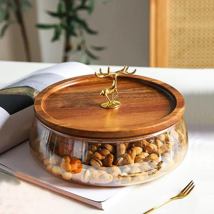 Chic Glass Fruit Serving Tray with Acacia Wood Lid - Ideal for Salads, Desserts, and Decorative Storage