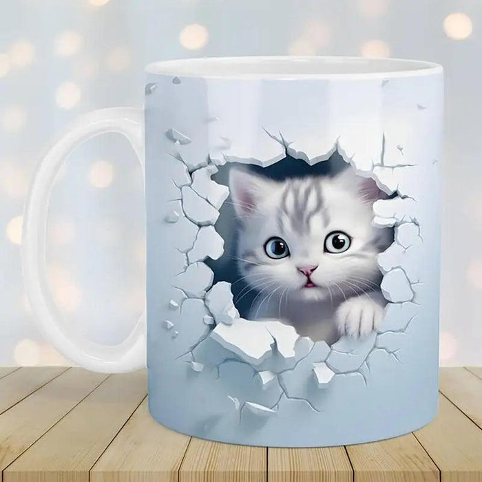 Whimsical 3D Cat Lover's Ceramic Mug featuring Playful Feline Design and Serene Landscape