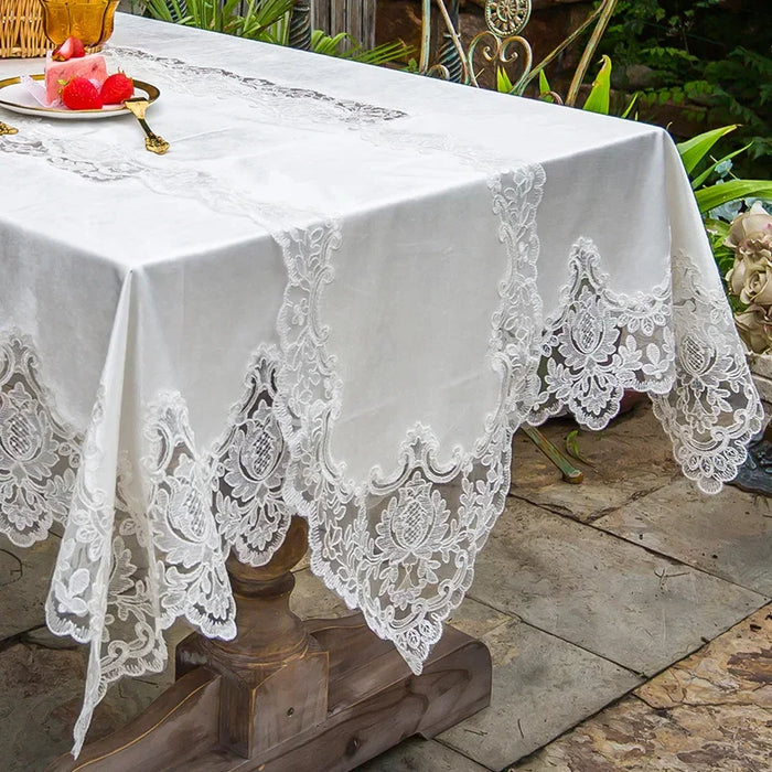 Opulent White Gold Velvet Tablecloth with Lace Embroidery - Luxe Dining Room Decor