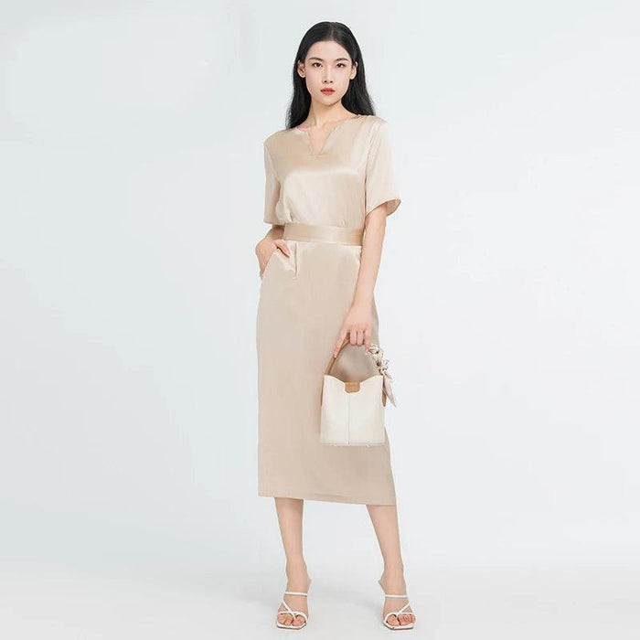 Elegant Silk V-neck Top and Midi Skirt Ensemble - Chic Women's Two-Piece Set