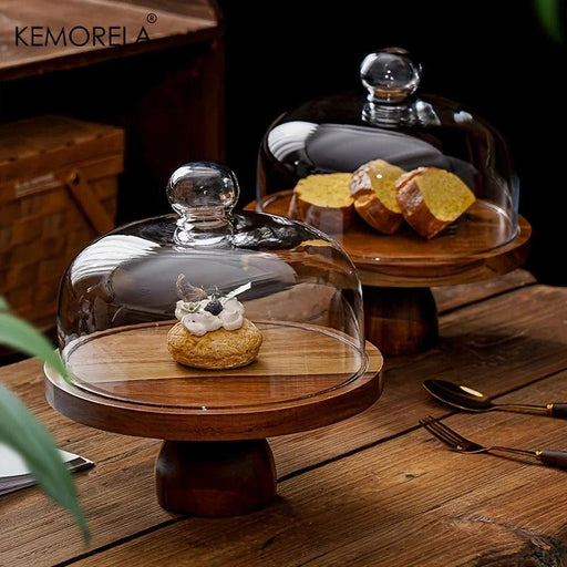 Chic Acacia Wood Elevated Cake Stand with Glass Dome - 1PC Dessert Display Plate