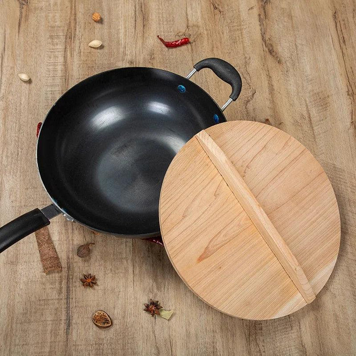 Artisan-Made Rustic Wooden Lid with Iron Handle for Cookware