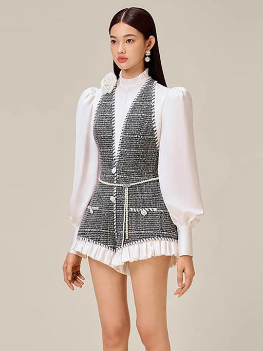 Chic High-Waisted Lantern Sleeve Playsuit with Zip & Lace Detail for Women